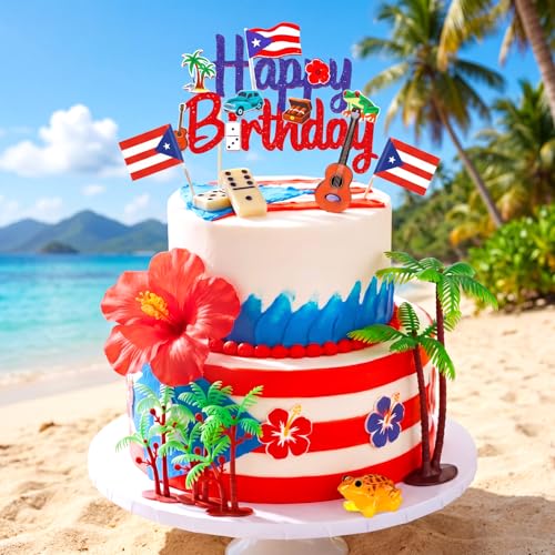 Novabright 12 Pcs Puerto Rico Birthday Cake Topper Set Glitter Puerto Rican Party Cake Decor for Birthday Patriotic Fiesta San Juan Night Beach Theme Festival Supplies