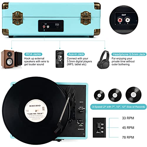 Image of Record Player with Speakers 3-Speed Bluetooth Suitcase Portable Vinyl Record Player Belt-Driven RCA Line Out AUX in Headphone Jack Vinyl Vintage Turntable Blue