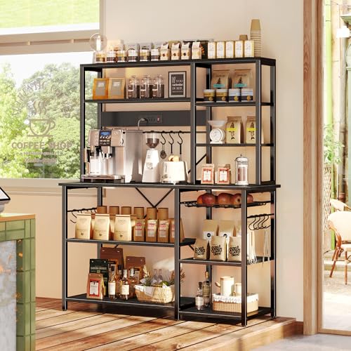 Image of SUPERJARE Larger Bakers Rack with Power Outlets, 6-Tier Microwave Stand, Coffee Bar with 12 S-Shaped Hooks, Kitchen Shelf with Wire Basket, 47.2 x 15.5X 66.9 Inches, Black