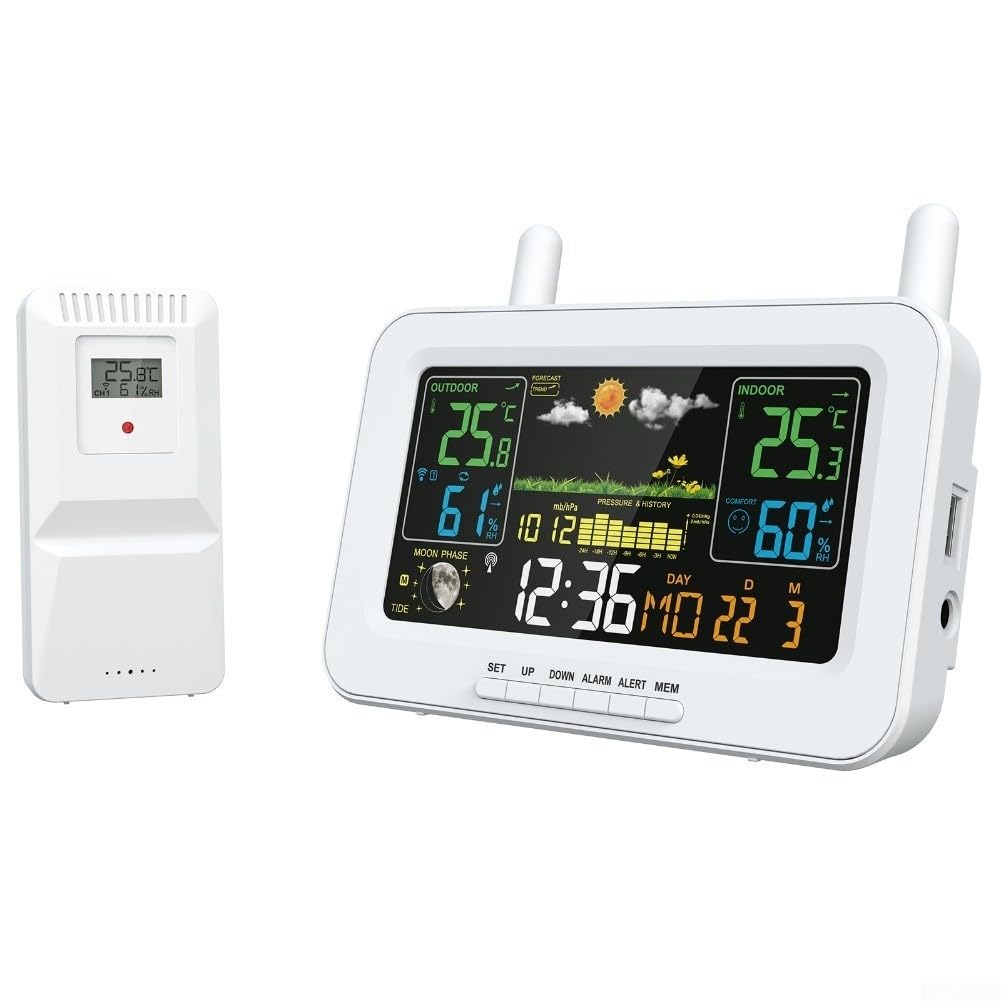 Stazione meteo con sensore esterno, display LCD a colori accurato da 6 pollici, elettronica multifunzionale per orologio meteorologico intelligente (nero UE)
