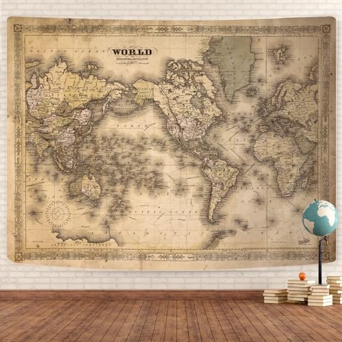 GOAOK Retro Old World Map - Vintage Asian & European Topography - Educational Tapestry for Classroom & Office - Brown Adventure Travel World Map - 60'X40'