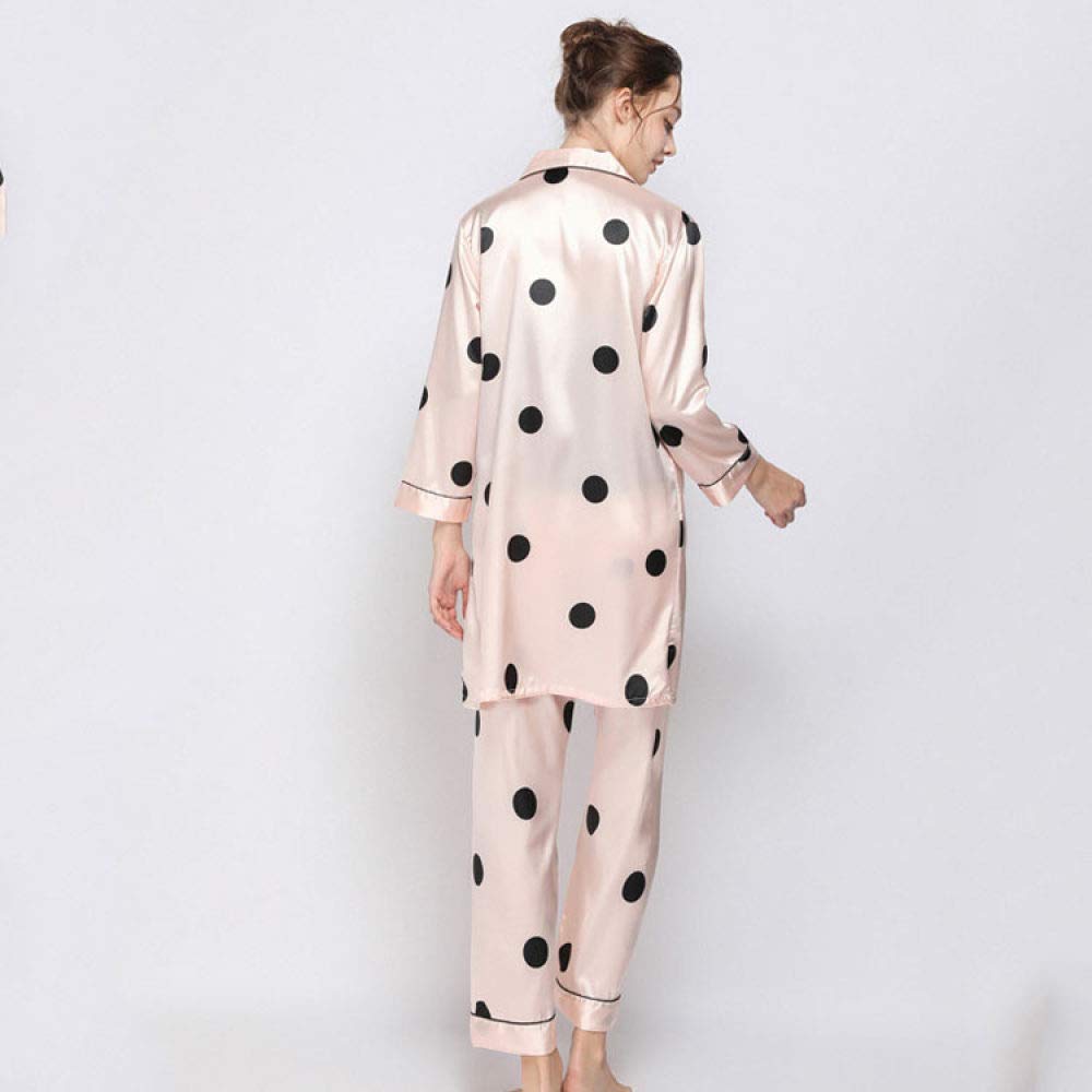 Zestaw damskich piżam satynowych, 3-częściowy zestaw piżam damskich kropek z dekoltem w serek, ołowiana koszulka z kokardą, luźne kimono, szlafrok, zestaw piżam, bielizna,Pink-S