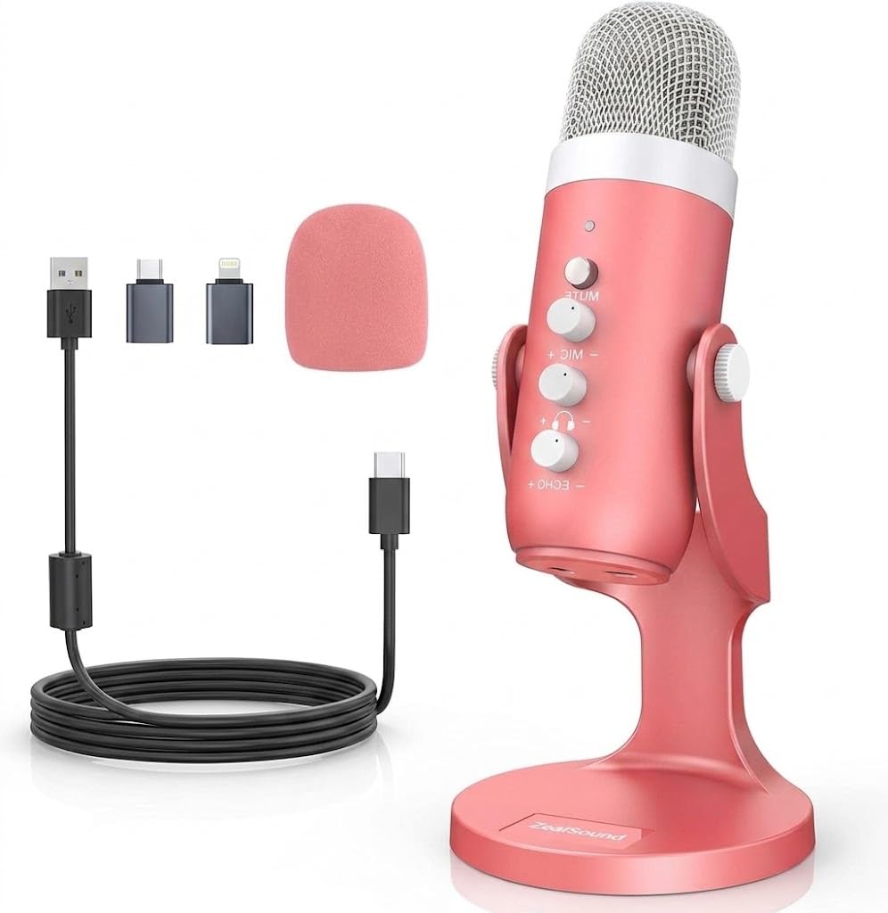 Podcast Microphone for iPhone PC & Mac, Noise Cancellation USB Mic with Volume, Mute & Echo Control, Zero-Latency Monitoring, for ASMR, Podcasting, Vocal Recording & Voice-Over - K66 Pink