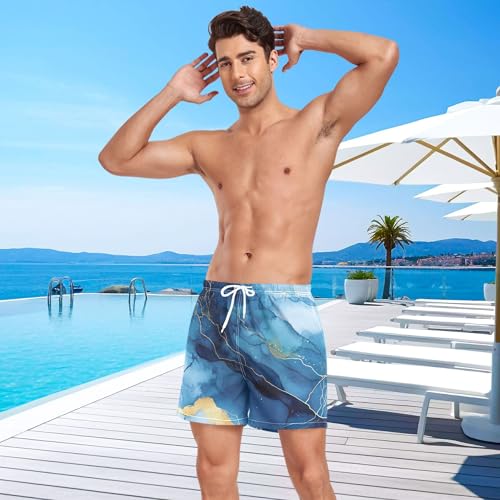 xigua Blue and Gold Marble Mens Swim Trunks with Liner, 5 inch Quick Dry Mens Boardshorts for Beach4