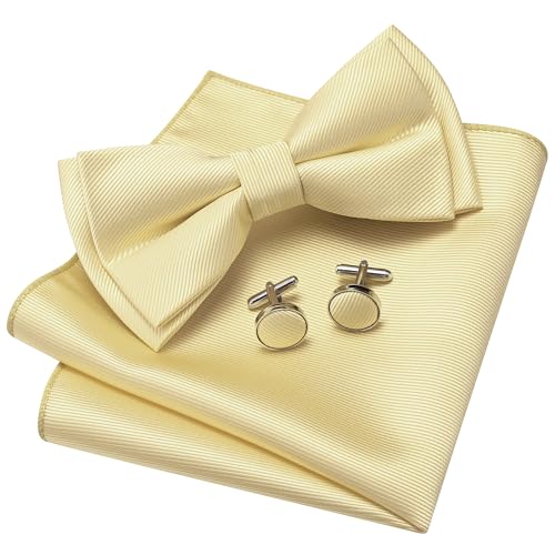 GUSLESON Mens Light Yellow Bow Tie Pocket Square Set for Wedding Pre-Tied Solid Bowties Handkerchief Cufflinks for Party (0577-43)