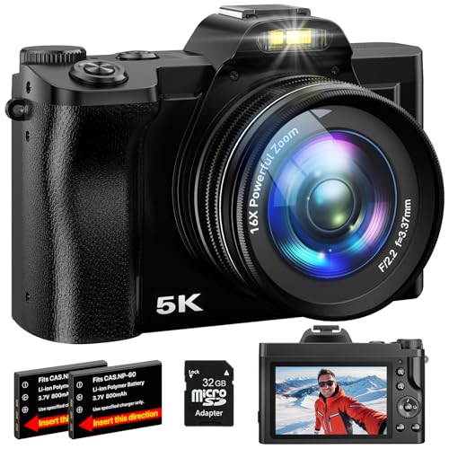 5K Digital Camera WiFi Autofocus Vlogging Camera for YouTube 48MP Camera for Photography and Video, 3.5' Screen Travel Cameras with UV Filter, Anti-Shake,16X Digital Zoom,32GB SD Card,2 Batteries