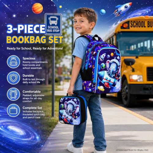 Image of UFNDC 3PCS Boys Elephant Backpack, Kids Space Bookbag with Lunch Box, Water Resistant Rocket School Bag for Elementary Preschool Toddler