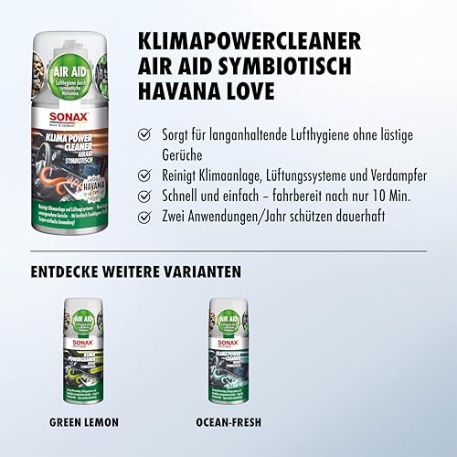 SONAX KlimaPowerCleaner AirAid symbiotisch Havana Love (100 ml) Klimareiniger sorgt schnell und einfach für langanhaltende Lufthygiene und befreit dauerhaft von lästigen Gerüchen | Art-Nr. 03238000