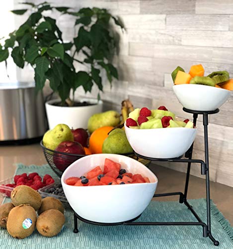 Partito Bella 3 Tier White Oval Bowl Set With Collapsible Thicker Metal Rack - Perfect Display For Chips, Dips, Candy, Fruit And More Collapsible Stand With Nesting Bowls For Easy Storage #TOP6