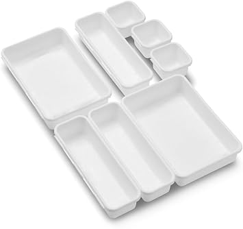 INOVERA (LABEL) 8 Pieces Cutlery Tray For Kitchen Utensils Drawers - Interlocking Drawer Desk Organizer - Plastic Divider Trays (White)