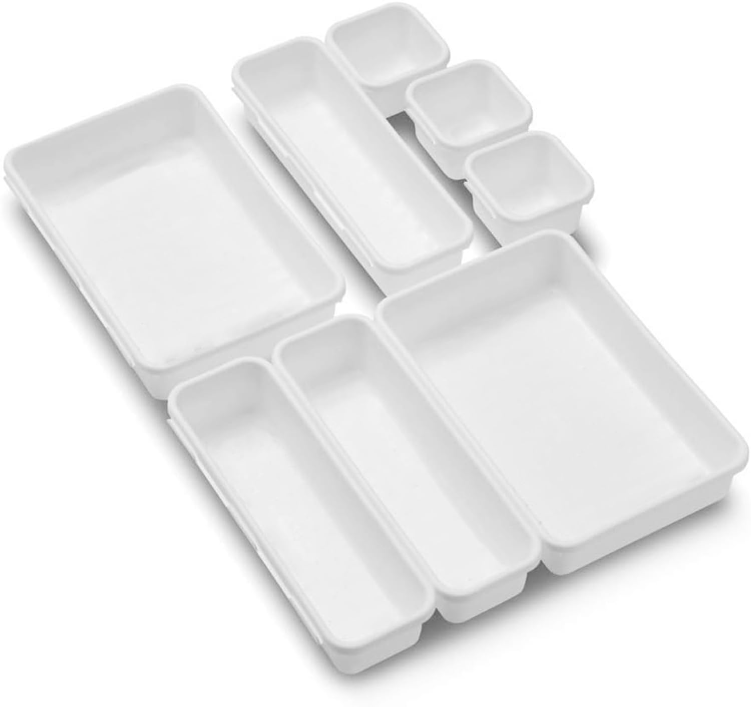 INOVERA (LABEL) 8 Pieces Cutlery Tray For Kitchen Utensils Drawers - Interlocking Drawer Desk Organizer - Plastic Divider Trays (White)