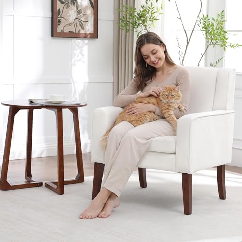 Image of Accent Chairs for Living Room, Mid-Century Reading Chair with Wood Legs, Upholstered Comfy Living Room Chair for Bedroom, Apartment, Waiting Room, Beige