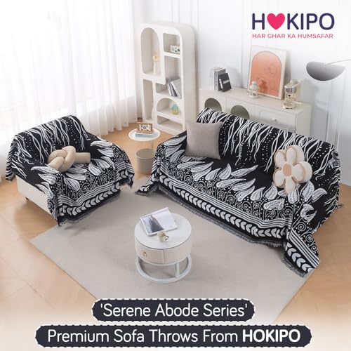 Image of HOKIPO Premium Chenille Printed Sofa Cover Throw Blanket 320 GSM for 3 Seater - All Season Use, 'Serene Abode Series' Black Fern Tribal (180x310 cm) (AR-6633-D4)