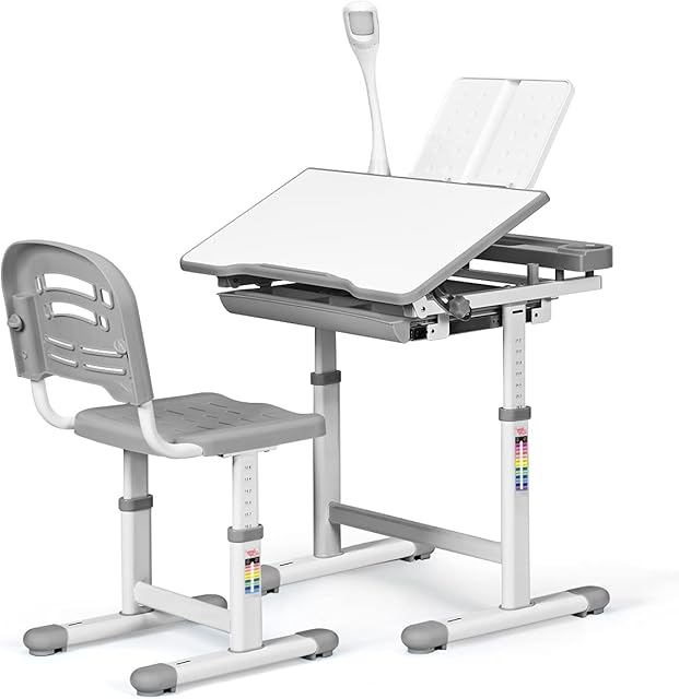 Maxmass Student Desk and Chair Set, School Study Table with LED Lamp, Tilt Desktop and Storage Drawer, Adjustable Height Children Writing Desk Chair Kit (Grey)