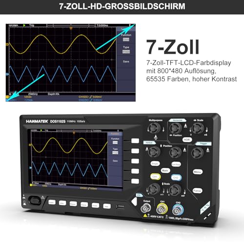 HANMATEK 2 in1 DOS1102S Digitales Speicheroszilloskop mit integriertem Wellenformgenerator, 110MHz Bandbreite, 2 × 500MSa/s Abtastrate, Zweikanal