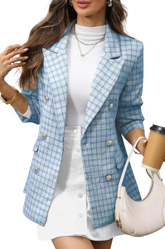 ELLEVEN Tweed Blazers for Women Oversized Plaid Double Breasted BottonsBlazer Dress for Women Boyfriend Business Casual Outfits Spring Work Suit Jackets Professional Clothes Blue Large