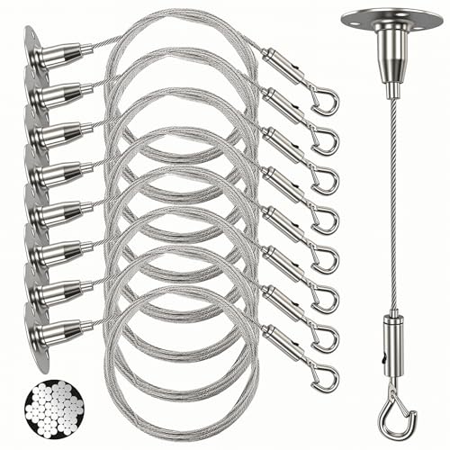 Image of 8 Pcs Adjustable Hanging Wire, 6.56 ft Picture Wire, Heavy Duty Stainless Steel Rope with Hook, Wall Mount Suspension Cable for Photo Mirror Curtain Light LED Screen, Hold Up to 66 lb