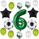 El paquete incluye: globo con el número 6 (80 cm), 2 globos de papel de aluminio negro de 18 pulgadas, 2 globos de fútbol de 45 cm, 3 globos de confeti, 4 globos de látex verde claro, 3 globos de látex blancos, 1 cinta de globo verde