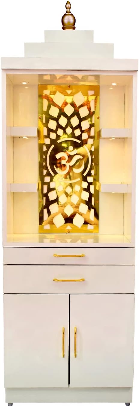 White Wooden Pooja Mandir for Home | Temple for Office/Pooja Mandir with Om Golden Jali LED Warm White Light & 4 Shelf |Temple I Decoration