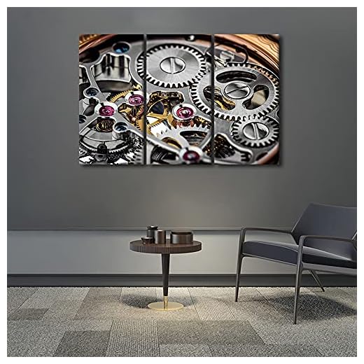 Clock Mechanism Pictures Mechanical Watch Close-up Art Paintings Multi Panel Printed on Canvas Artwork Modern Home Decoration Giclee Wooden Framed Gallery-Wrapped Ready to Hang- 42" Wx28 H