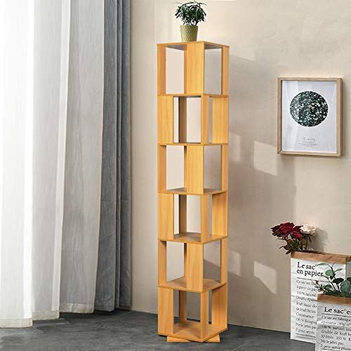 Redd Royal 6-Tier Bookcase 360 Rotating Bookshelf Walnut Floor Standing Storage Rack for Living Room Bedroom Open Design Swivel Corner Shelf Home Office Decor