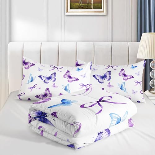 Image of AILONEN Queen Purple Butterfly Comforter Set, Blue Watercolor Ribbon Bedding, Floral Bow Decor, Lightweight Cozy Microfiber Luxury Guest Master Bedroom