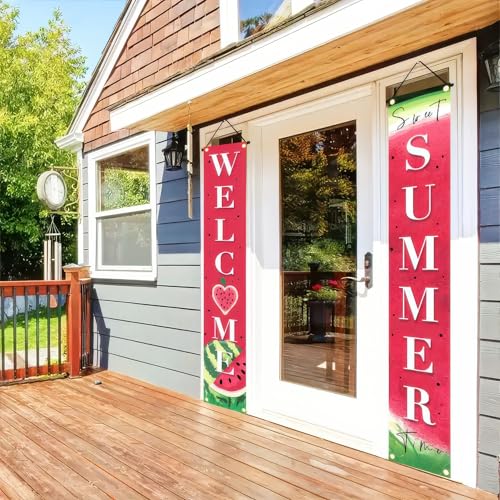 Image of BlissYard 2pcs Welcome Summer Door Banner Watermelon Porch Banner Sign Sweet Fruit Time Front Door Hanging Decor Banners for Summer Home Hawaii Tropical Party Outdoor Decorations