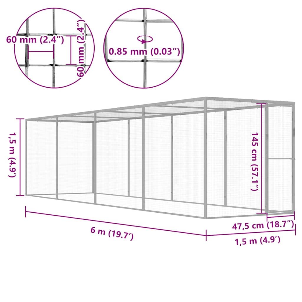 Gabbia per gatti, 6 x 1,5 x 1,5 m, in acciaio zincato