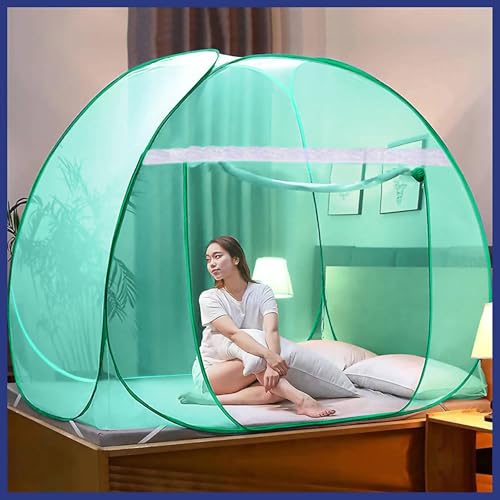 Image of Mosquito Net for Double Bed | King Size Foldable Machardani | Polyester 30GSM Strong Net |PVC Coated Corrosion Resistant Steel Wire - Blue (1, Green)