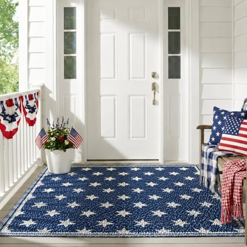 3x5ft Patriotic Outdoor Rug Waterproof Plastic Straw Patio Mat Reversible Red White and Blue Striped Area Rug for Camping RV Porch Deck Backyard 4th of July Independence Day Decorations(Star)