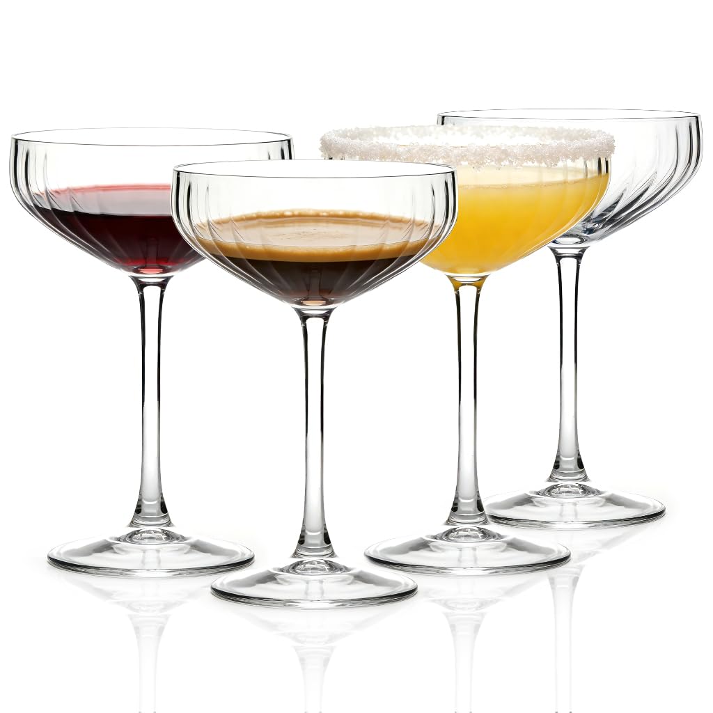 Vessyn Martini Glasses Set of 4, Tall stem Unique Ribbed Coupe 10 oz Vintage Glass, Classic Cocktail Galssware, Bar Drinking Glasses Set Pefect for Cocktail, Wine, Champagne & Gift