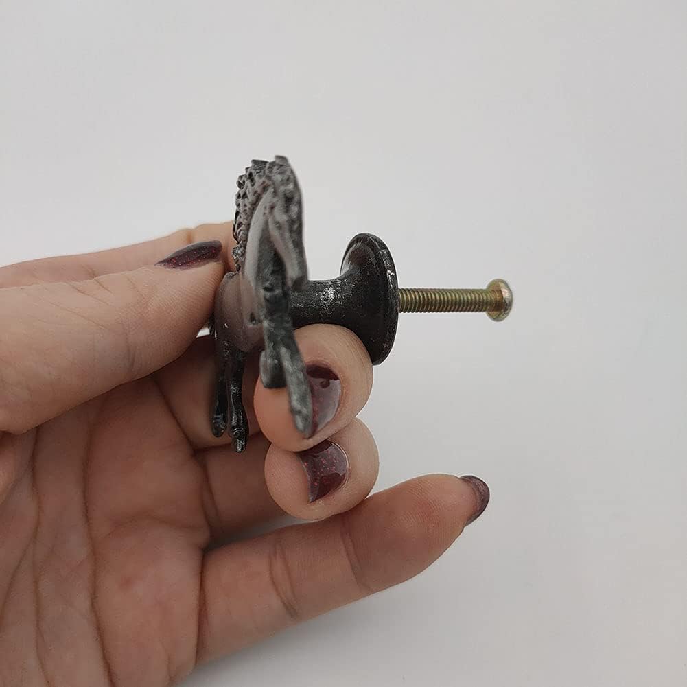haowei Horse Knob, 4 Pcs Zinc Alloy Pulls Handles for Dresser Drawer Kitchen Cabinet Wardrobe Cupboard - Ancient Silver Furniture Decorative Handles with Single Hole