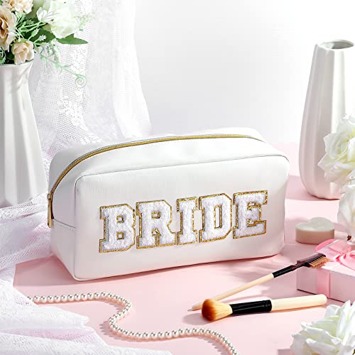 Oudain 2 Pcs Bride and Groom Makeup Bag Letter Patch Cosmetic Travel Toiletry Bag Women PU Leather White Portable Bride Purse Wedding Pouch for Bridal Shower Gift Bachelorette Party Favor4