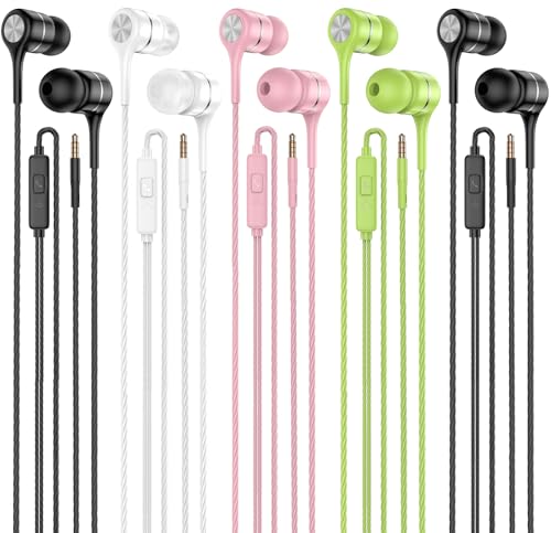 Earbuds Earphones with Microphone,5pack Ear Buds Wired Headphones,Noise Islating Earbuds,Fits 3.5mm Interface for iPad,iPod,Mp3 Players,Android and iOS Smartphones(Black+Pink+White+Green)