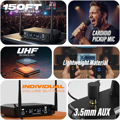 Image of DIGIMORE Wireless Microphone System | 1 Hand Mic & 1 HeadMic | 150Ft Range | Cardioid Pickup | Balanced XLR Outs & UnBal 6.35mm Out | Cordless Mic for Singing, Church, Live Speeches (D-316)