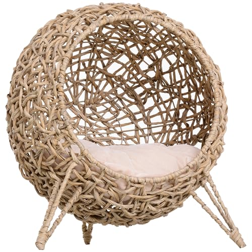 PawHut Cama Cueva de Ratán para Gatos o Mascotas Pequeña con Base Trípode Cojín de Felpa y Algodón Suave Diseño Elevado Estable Φ52x58 cm Madera Natural