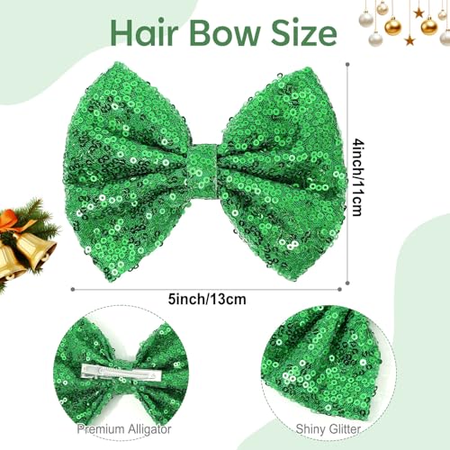 CN 5 Inch Green Glitter Hair Bows for Girls Alligator Clips Sparkly Sequin Hair Accessories for Kids Toddler Women on Birthday Wedding Christmas and Party