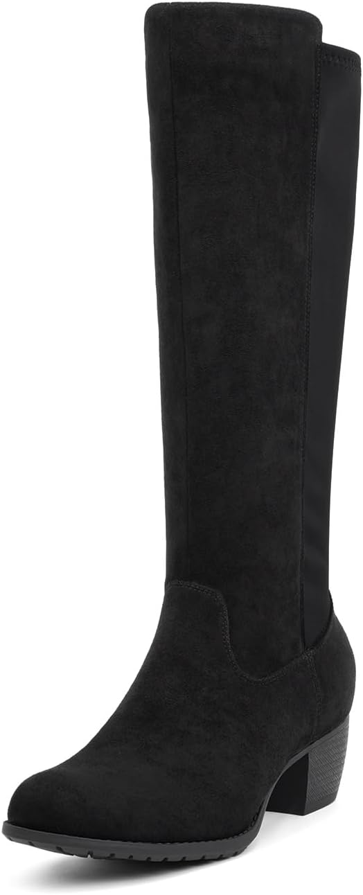 VJH confort Women's Knee High Boots, Round Toe Low Heel Stretchy Comfy Wide Calf Tall Riding Boot