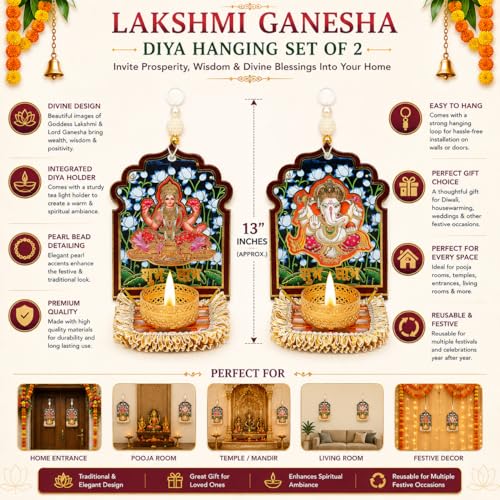 Image of Akaar Decor Lakshmi Ganesha Diya Hanging Set of 2 | Decorative Tea Light Candle Holder with Pearl Beads | Diwali Decoration, Pooja Room, Temple & Home Wall Decor