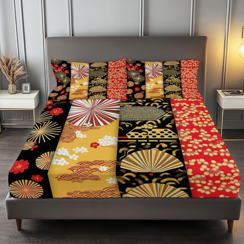 Japanese Style Fan Flowers Stripes King Fitted Sheet, Black Bedsheet with Deep Pocket 30 cm, Soft Hypoallergenic Microfibre Fabric, Shrinkage and Fade Resistant Bedding