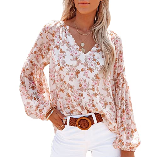 CNTSFS Bluse Damen Boho Style - V-Ausschnitt Blumenmuster Langarm