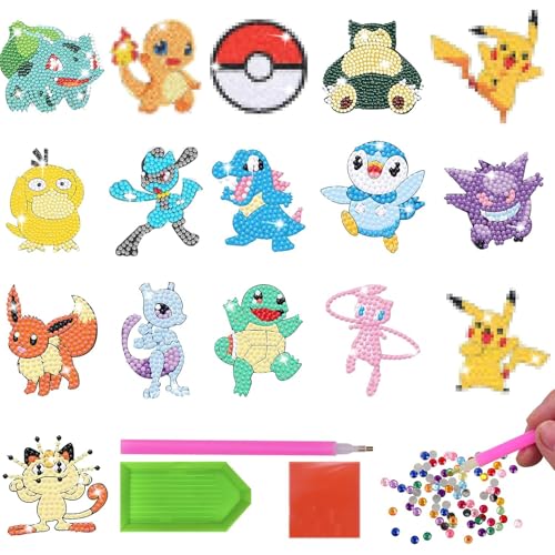 MUSEDAY 16 Pièces Diamond Painting Enfant Kit Peinture Diamant pour Enfants Autocollants Peinture Diamant pour Enfants Avec Personnages Dessins Animés Avec Sac Diamant, Sac à Outils