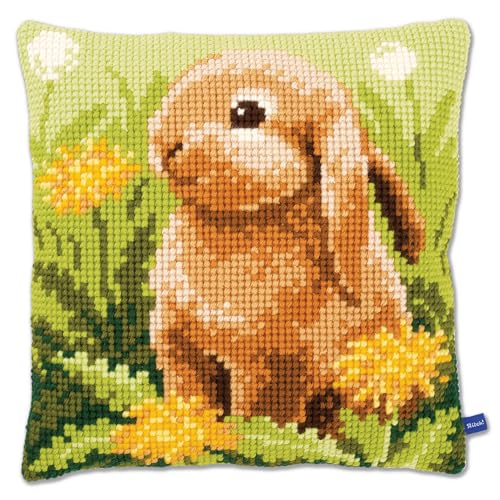 Coussin au point de croix petit lièvre : canevas broderie animaux forêt