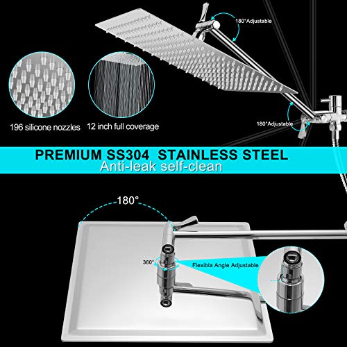 12 Inch Rain Shower Head With Handheld Spray, Anti Leak Dual Square Rainfall Shower Heads With Adjustable 13.5'' Extension Arm, Bathroom High Pressure Hand-Held Showerhead With Hose And Holder #TOP2