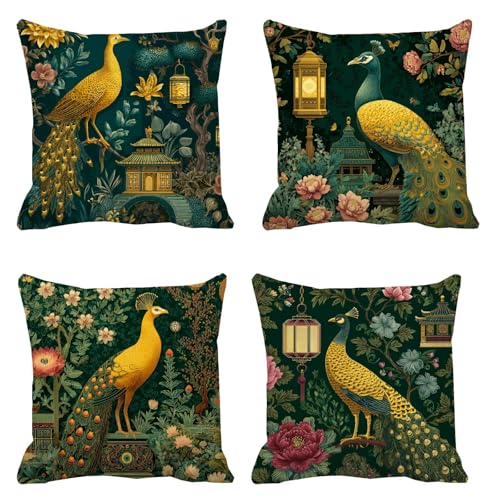 Housse coussin 45x45 paon lot de 4 velours lavable maison décor or