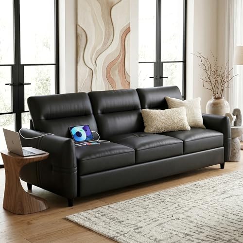 STHOUYN 85” Black Faux Leather Couch with USB, 3 Seater Sofa Couches for Living Room, Large Mid Century Modern Office Apartment Couch (Black)