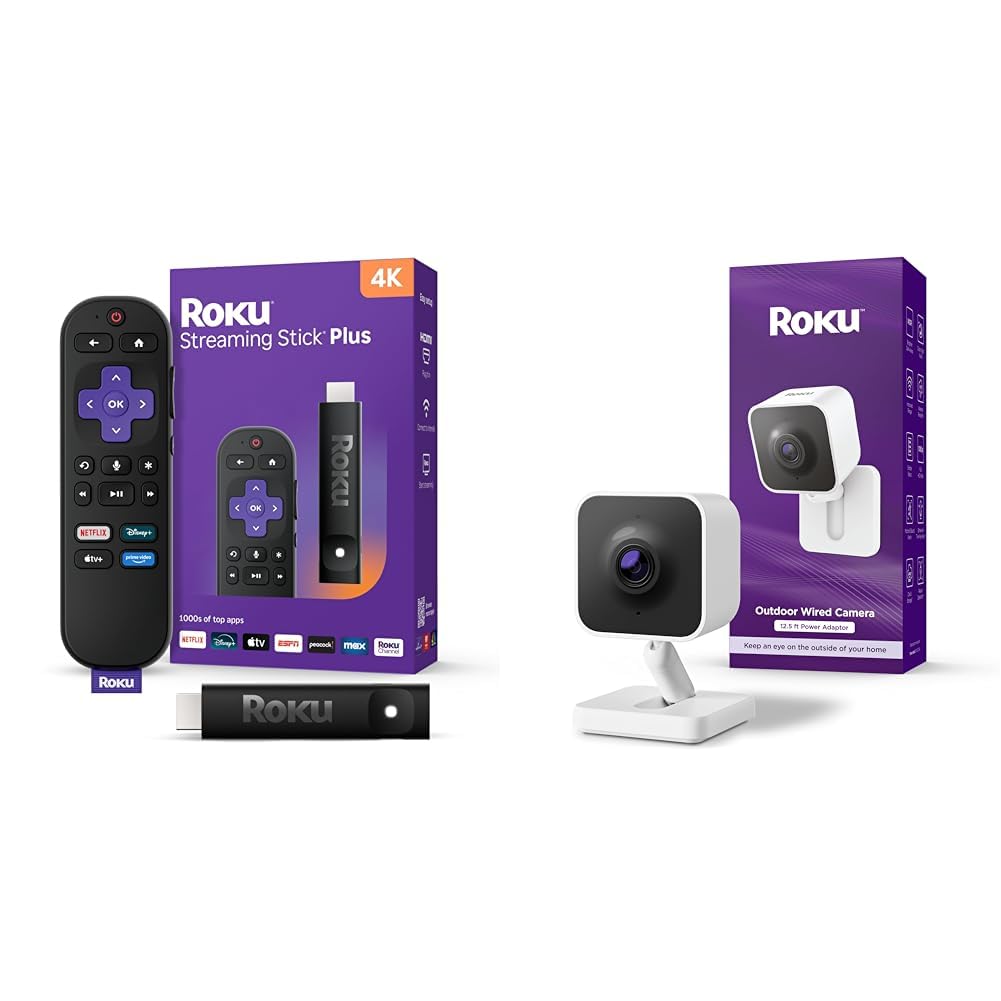 Roku Streaming Stick Plus 4K HDR TV Streaming Device with Voice Remote &amp; Roku Outdoor Camera 1080p HD Weather Resistant Security Camera Bundle