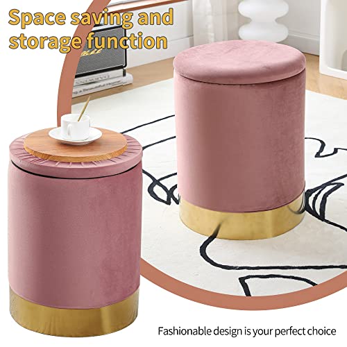 Mxfurhawa Velvet 23Qt Storage Ottoman Multipurpose Footrest Stool with Metal Base Modern Round Vanity Stool Chair Ottoman Foot Stools Support 300lbs Padded Seat for Living Room & Bedroom Dusty Rose