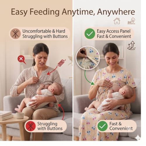 Image of Zero Clothing Feeding Dress for New Moms Casual Loungewear Ankle Length | Cotton Maternity Nighty | Zipless Feeding Dresses for Women | Pregnancy & Nursing Wear