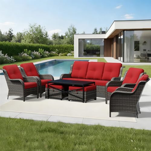 Image of Joyside 8 Piece Wicker Patio Furniture Set, Rattan Patio Chairs with High Back, Deep Seating, Wide Armrest, Thickened Cushions, Outdoor Furniture for Deck, Porch Use